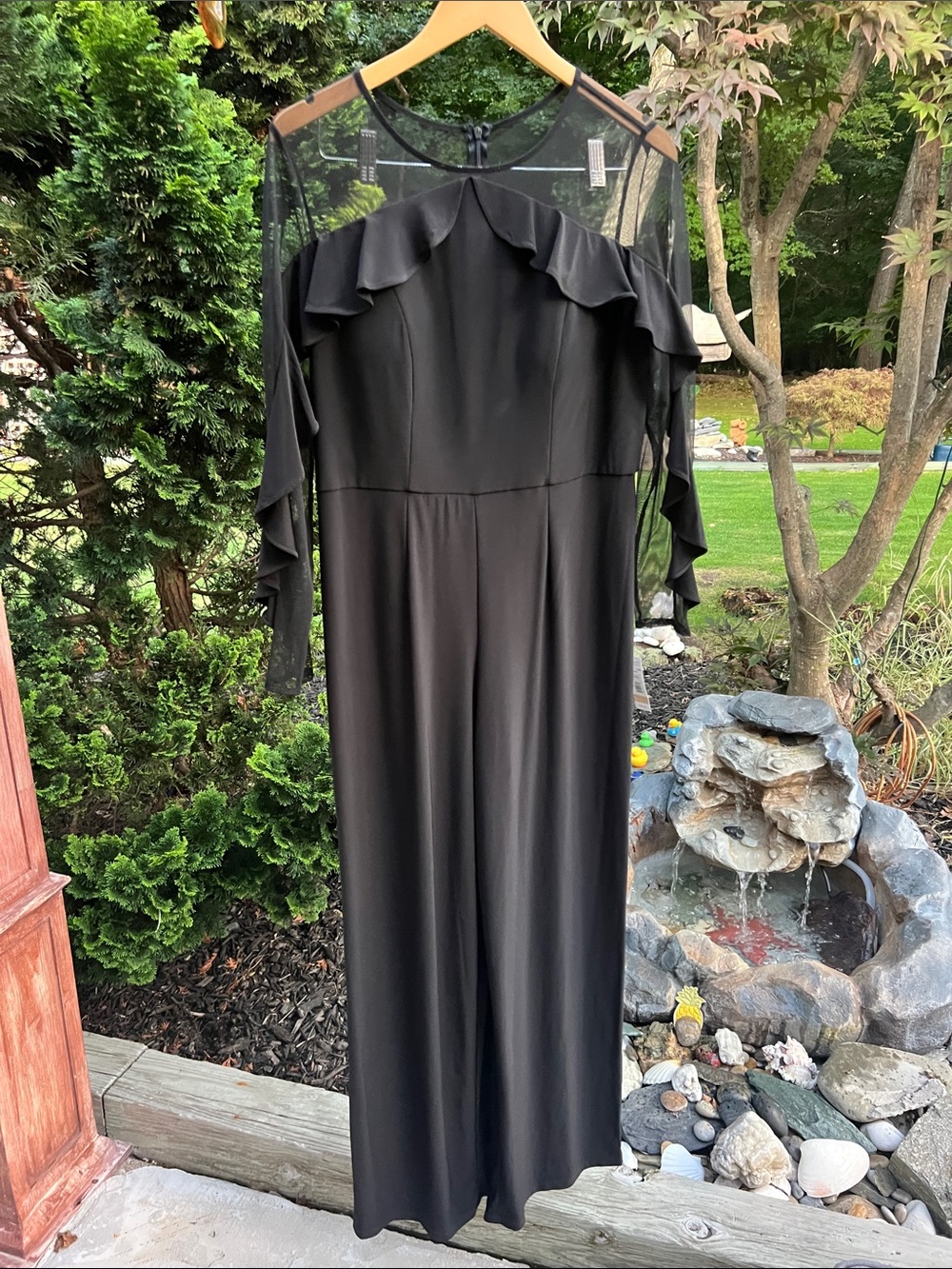 R&M Richards Black Long-Sleeve Ruffle Jumpsuit